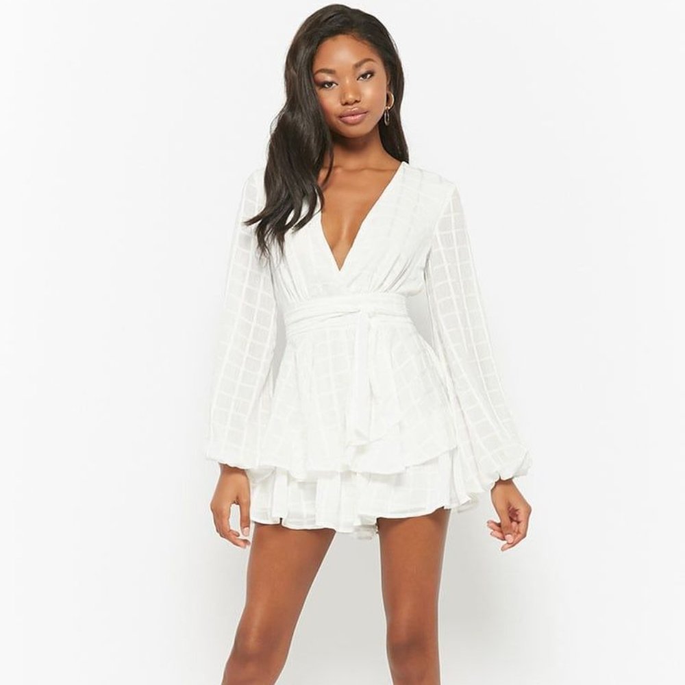 White Grid Chiffon Ruffle Romper - Forever 21 - M